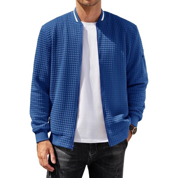 Men's Sweatshirt Bomber Jacket Denim Blue Casual Zip Up Waffle Knit Lightweight